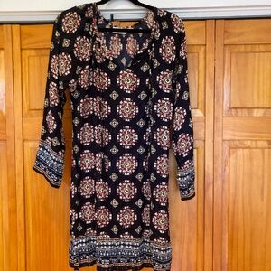 Boho Flowy Long Sleeve Midi Dress Made in India in Size Medium Red and Blue